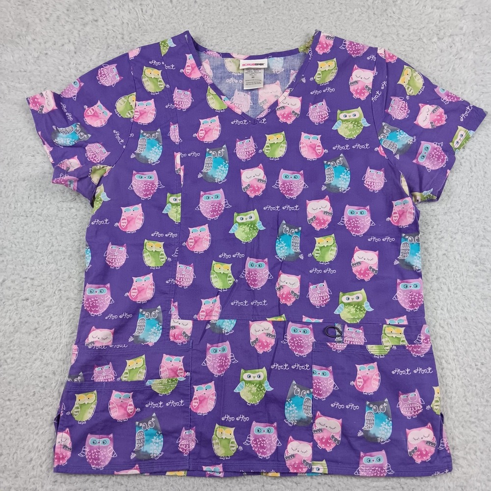 Scrubstar Scrub Top Owl Print Women M Purple V-Neck Cotton SB34D775